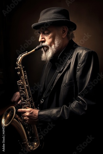 Fictional Character Created By Generated AI.Saxophonist in Leather Jacket and Hat