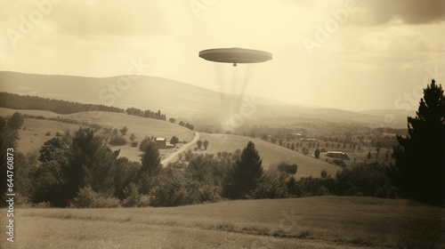 Generative AI, UFO over the Italian landscape vintage photo, aliens witnesses retro 1930s style photography