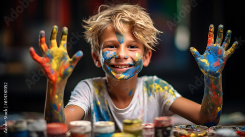 Smiling Boy with Paint.  Portrait of a Young Painter