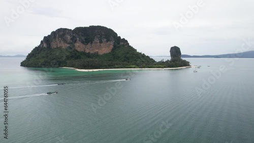 4K Aerial Footage of Koh Poda (Poda Island) in Ao Nang, Krabi, Thailand - Featuring Longtail Boats, White Sand Beaches and Crystal Clear Waters