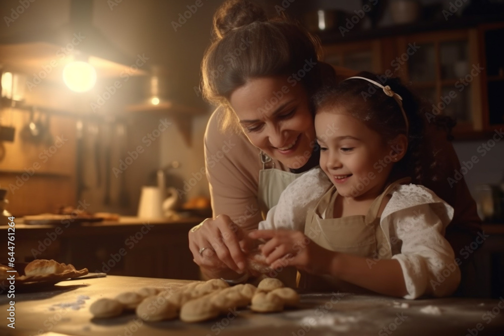 mom and daughter making baked goods on the kitchen table together