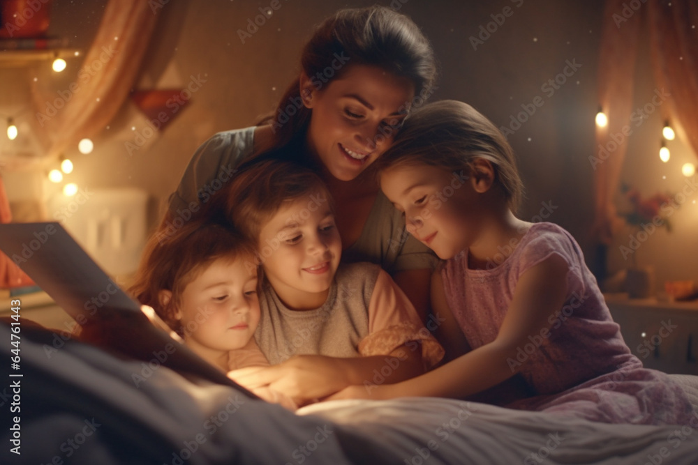 Mother with choldren reading book in bed at night