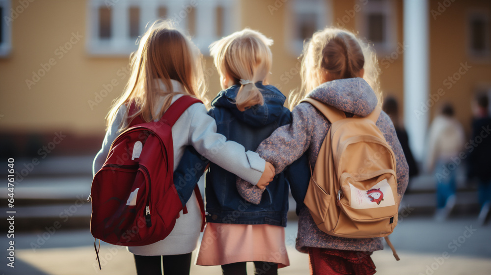 Fototapeta premium Elementary School students with their backpacks heading to School. Ai generative.