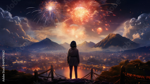 female portrait, young girl gazing into the sky with fireworks
