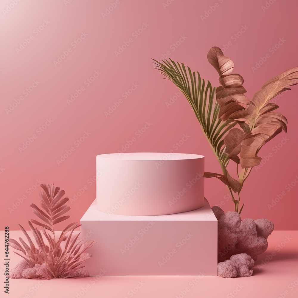 podium with natural product and palm tree on pink background. 3 d podium with product stand. 3 d rendering.podium or stal display with tropical palm leaf. podium with product on pastel pink color. 3 d - obrazy, fototapety, plakaty 