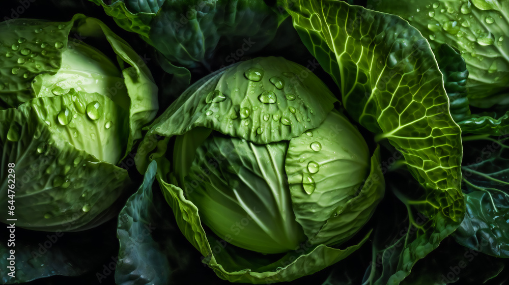 Fototapeta premium Water Droplets on Cabbage Leaves. Generative AI