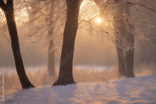 winter in a forest. morning fog in the sunwinter in a forest. morning fog in the sunmorning sun in winter forest. photo