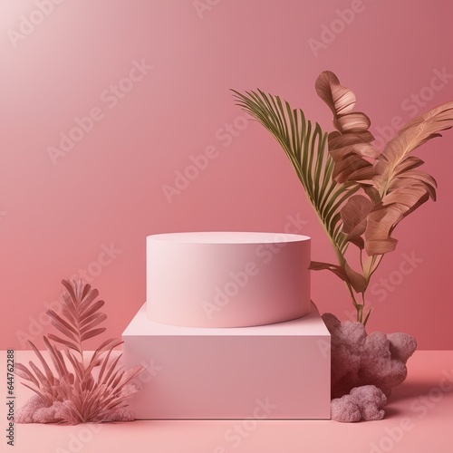 podium with natural product and palm tree on pink background. 3 d podium with product stand. 3 d rendering.podium or stal display with tropical palm leaf. podium with product on pastel pink color. 3 d