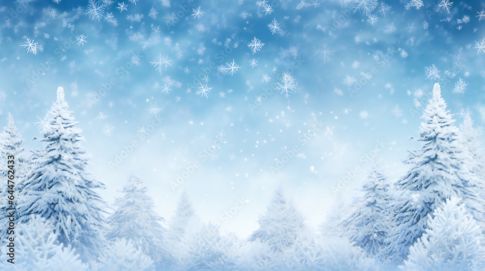 Winter Panoramic Background.  Snowy Fir Branches and Falling Snowflakes