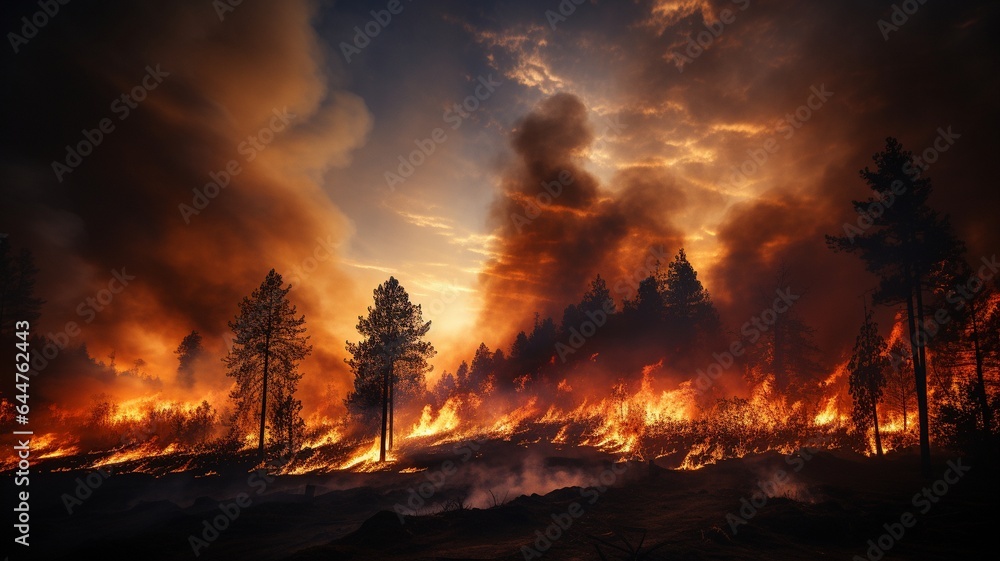 intense flames caused by a significant forest fire. As they roar over sagebrush and pine trees, flames illuminate the night. .