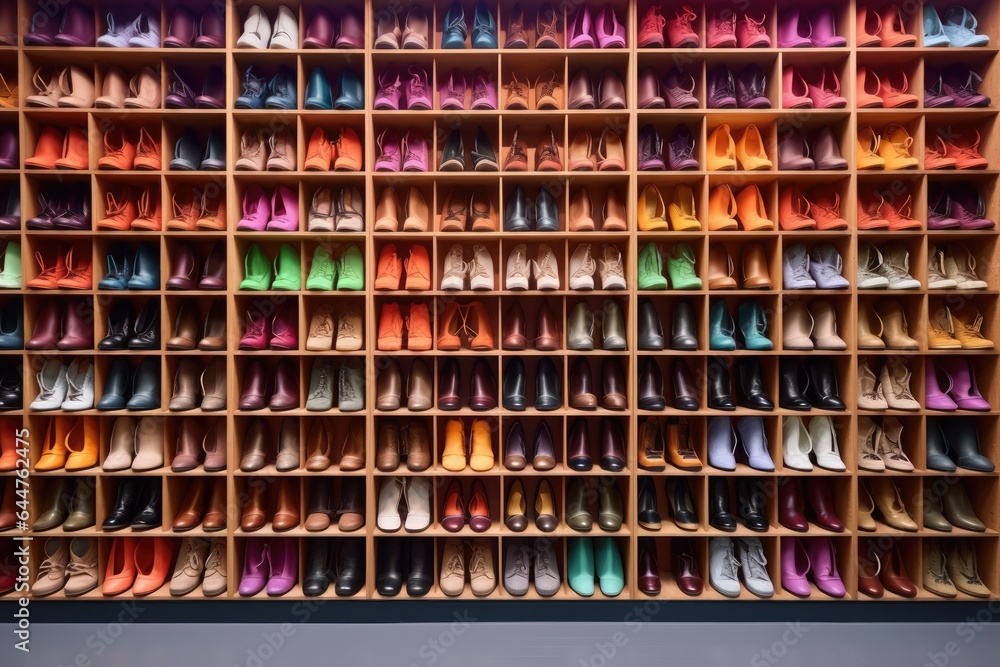 Colorful collection of women's shoes displayed on a wall