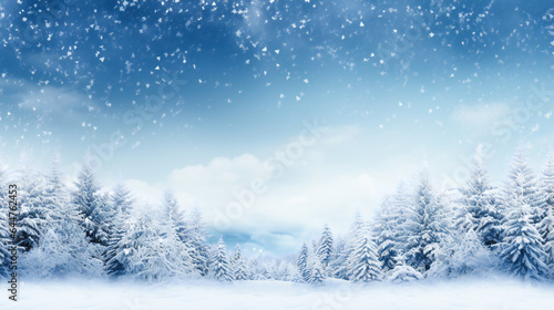 Winter Panoramic Background.  Snowy Fir Branches and Falling Snowflakes © EwaStudio