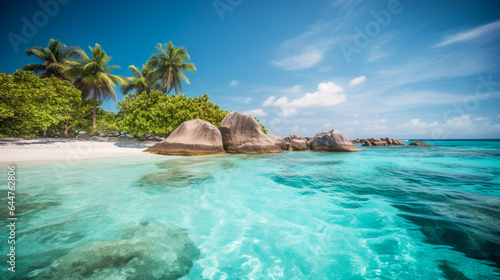 Beautiful beach with palms and turquoise sea. AI Generated © EwaStudio