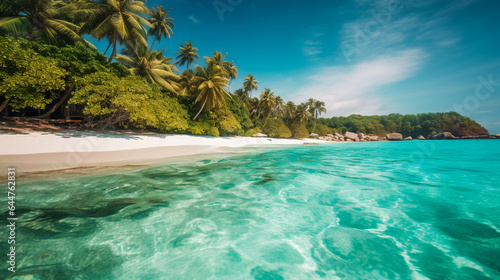 Fotografia, Obraz Beautiful beach with palms and turquoise sea. AI Generated