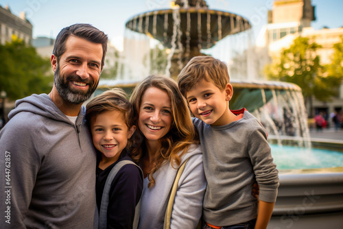 Portrait of a happy family standing in front of a fountain.