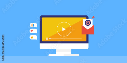 Engaging video content targeting online subscribers with push notification social media content post and update, video ad targeting conceptual web banner.