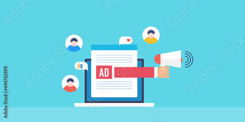 Digital advertising businessman holding megaphone promoting brand online social media marketing reaching out new customer on internet, vector banner.