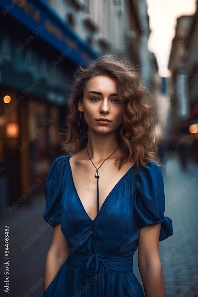 young beautiful caucasian woman in blue dress walking in city center. AI Generated