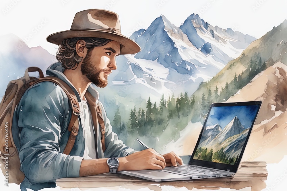 young man using computer and typing in his laptop on the mountain peak.young man using computer and typing in his laptop on the mountain peak.young man with laptop and map on background