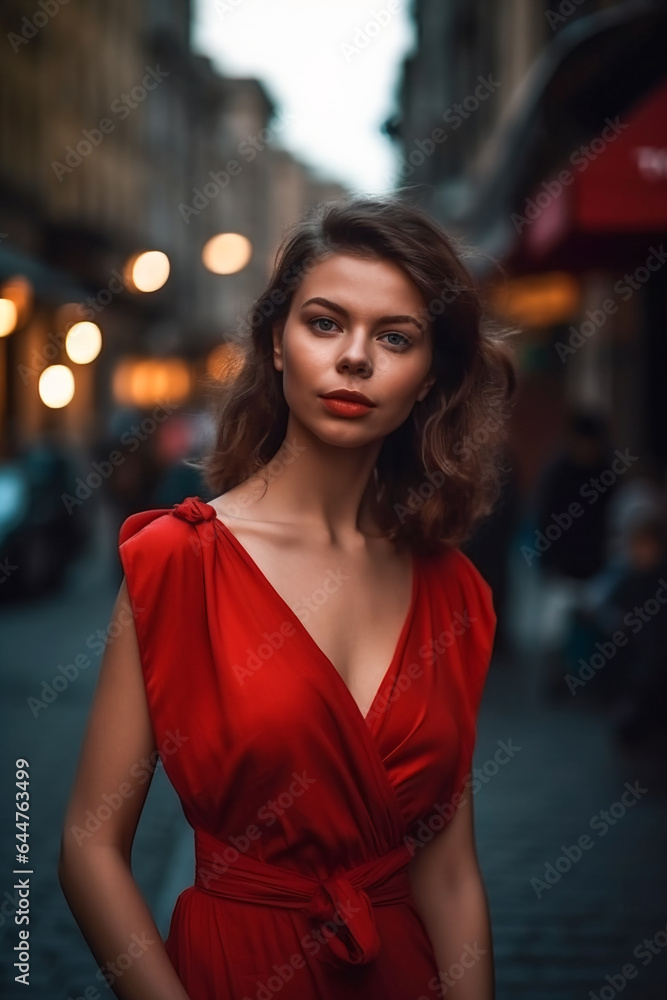 young beautiful caucasian woman in red dress walking in city center. AI Generated