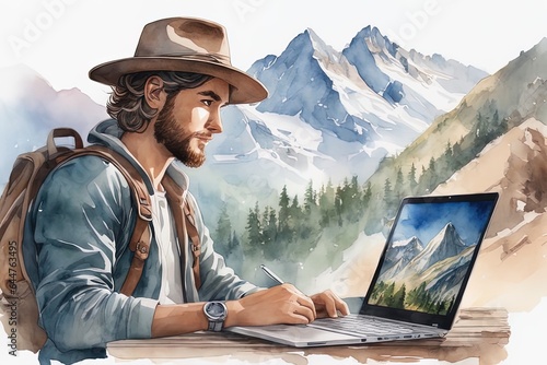 young man using computer and typing in his laptop on the mountain peak.young man using computer and typing in his laptop on the mountain peak.young man with laptop and map on background © Shubham
