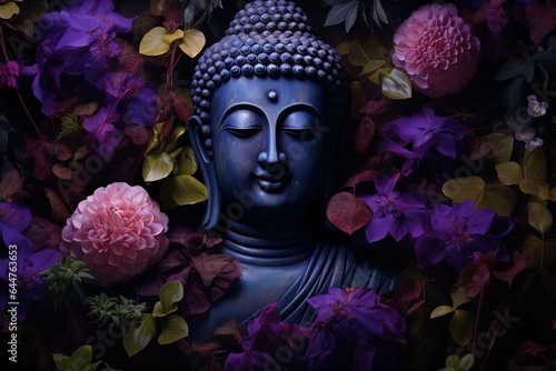 Buddha statue with purple flowers in the background..Generative Ai