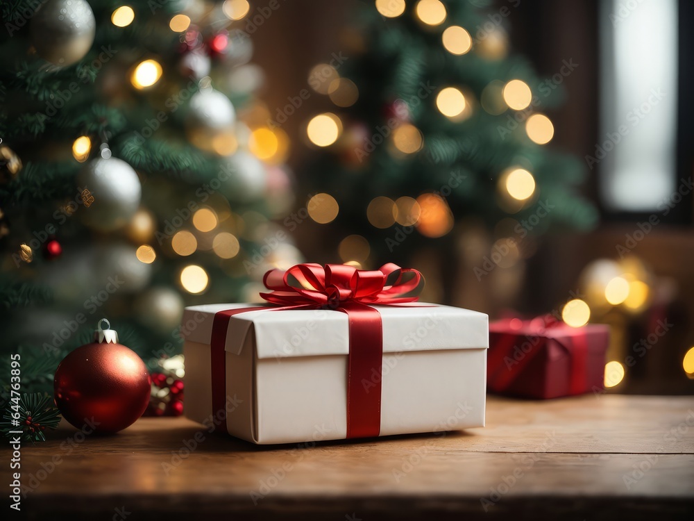 Festive Surprise: Tied Bow on Gift Box with Christmas Decoration Festive Surprise: Tied Bow on Gift Box with Christmas Decoration