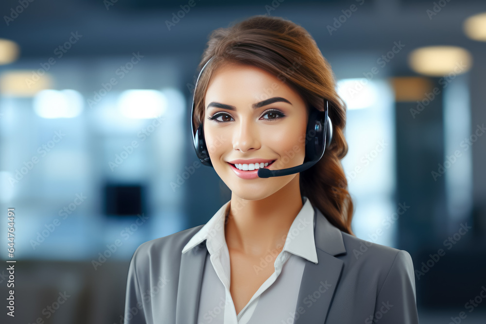 Portrait of happy smiling customer support phone operator in headset at office Portrait of happy smiling customer support phone operator in headset at office