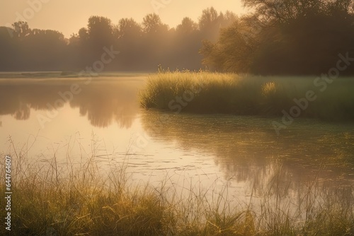 a beautiful sunrise in a lake with reflection of the trees.a beautiful sunrise in a lake with reflection of the trees.morning fog on the river bank