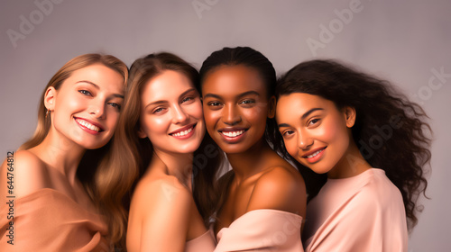 beauty, people and body care concept - group of smiling women with different skin colors over beige background