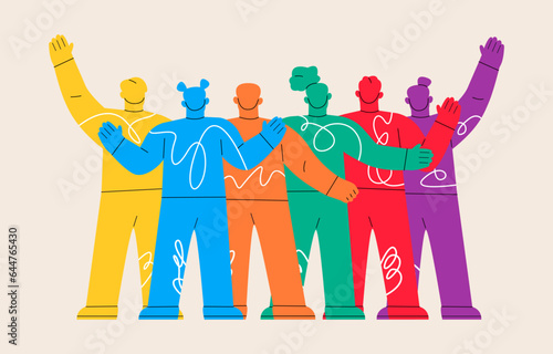 Back view of  man and woman  standing together embracing each other waving. Colorful vector illustration