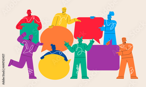 Diverse character group talking. Social network, flat style, news, conversation concept. Vector illustration