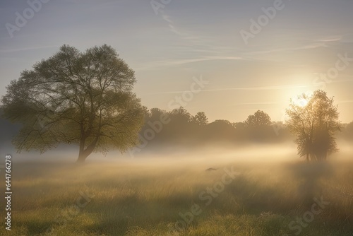 foggy morning with a meadow in the forest foggy morning with a meadow in the forest sunrise with fog in autumn.