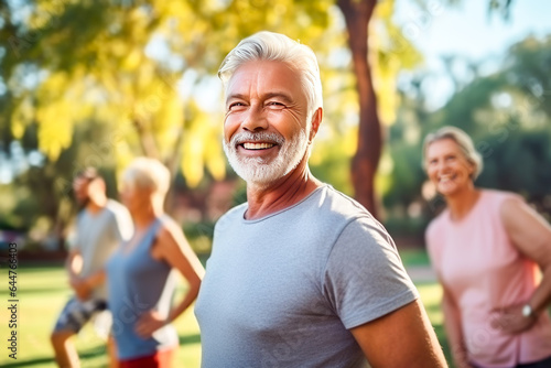 Happy senior man in sportswear looking at camera and smiling while exercising with his friends in park