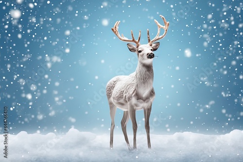 deer on winter background with snow covered forest. christmas greeting card.deer on winter background with snow covered forest. christmas greeting card.white reindeer with snow in the forest. 3d rend © Shubham