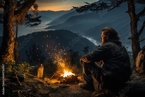 In the heart of nature's beauty, a backpacker sits by the campfire, captivated by the infinite stars that blanket the night