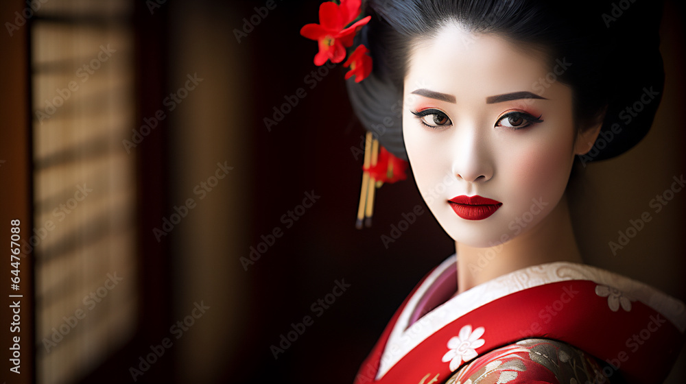Japanese Geisha , Cultural photo of a Japanese Lady. Ai generative. - obrazy, fototapety, plakaty 