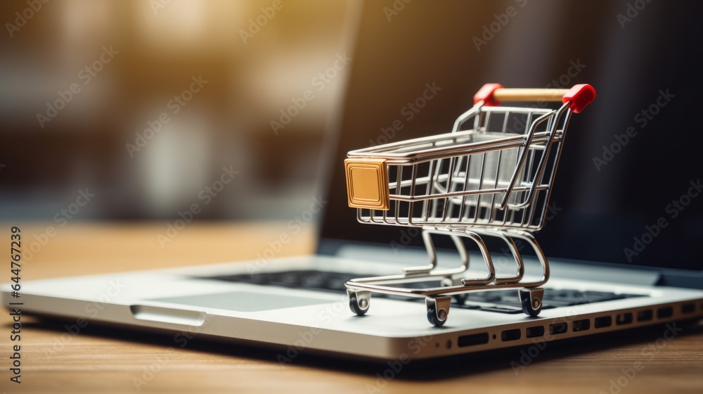 Online shopping concept with miniature shopping cart standing in front of laptop, 16:9, copy space