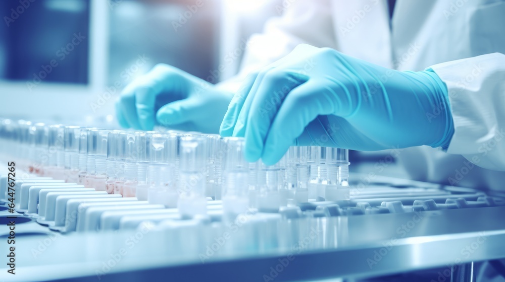 Hand with sanitary gloves check Medical vials on production line at pharmaceutical factory, corona, 16:9, copy space Hand with sanitary gloves check Medical vials on production line at pharmaceutical factory, corona, 16:9, copy space