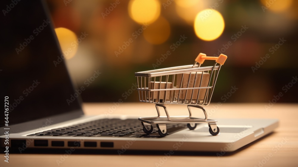 Online shopping concept with miniature shopping cart standing in front of laptop, 16:9, copy space