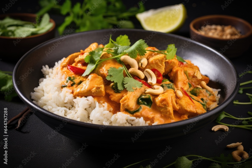Chicken tikka masala curry with rice and cashew nuts, Chicken and cashew red curry with rice and herbs, AI Generated
