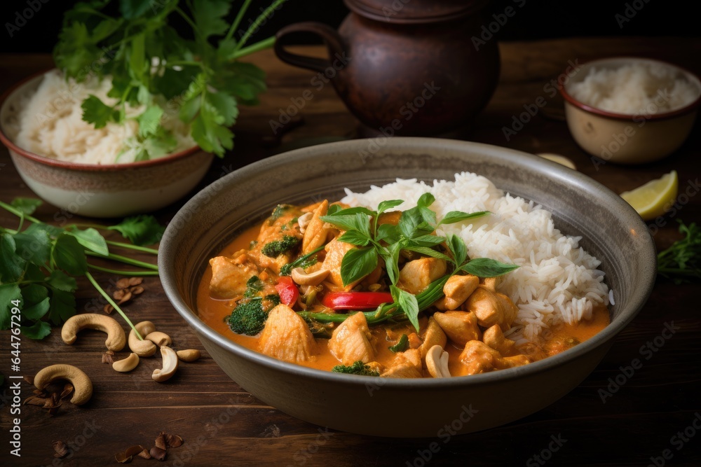Chicken curry with cashew nuts and rice on a black background. Chicken and cashew red curry with rice and herbs, AI Generated