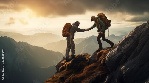 Hiker helping friend reach the mountain top, concept: Together for success, 16:9, copy space