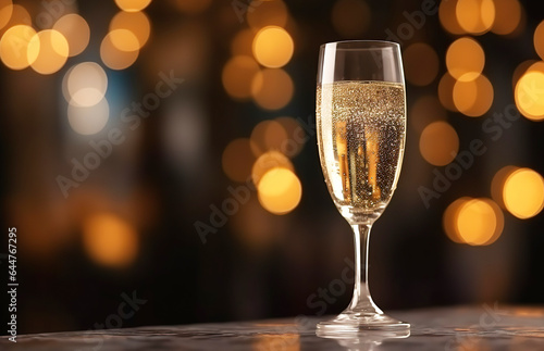 Glass of sparkling wine with festive background.