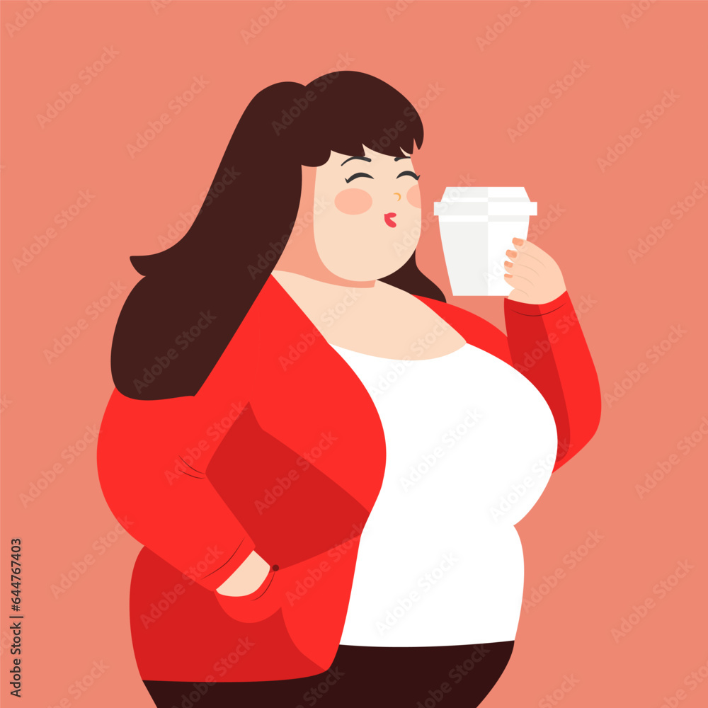 The girl drinks coffee from a glass. Isolated illustration. Stylized fat woman. The concept of body positivity. Takeaway food. The girl drinks coffee from a glass. Isolated illustration. Stylized fat woman. The concept of body positivity. Takeaway food.