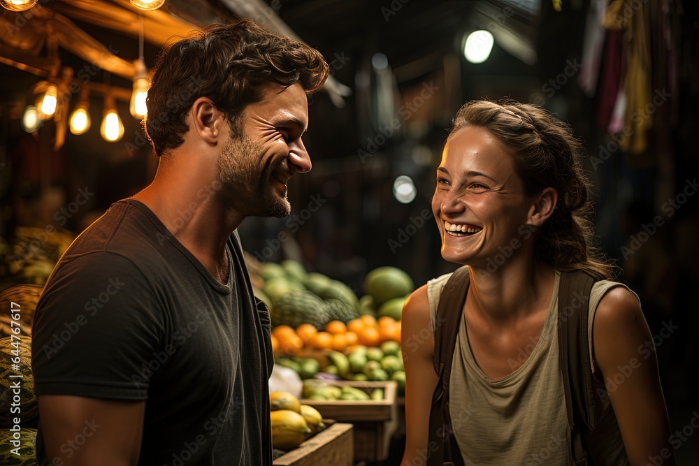 Young tourist couple exploring a local market
