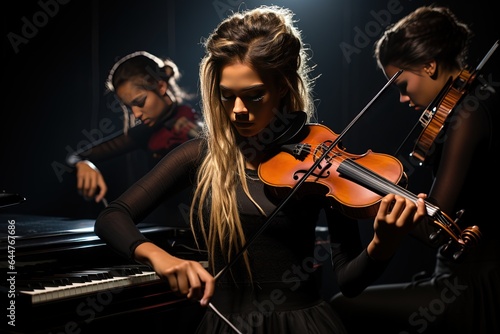 Female violinist skillfully playing a violin on a concert