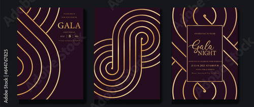 Luxury invitation card background vector. Golden curve elegant, gold line gradient on red color background. Premium design illustration for gala card, grand opening, party invitation, wedding.