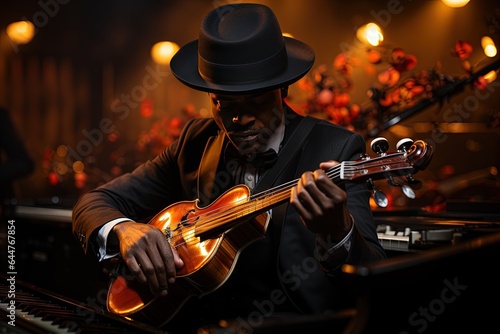 African american jazz guitarist playing his intrument in a tuxedo photo
