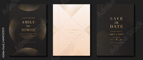 Luxury invitation card background vector. Golden curve elegant, gold line gradient on dark and light color background. Premium design illustration for gala, grand opening, party invitation, wedding.
